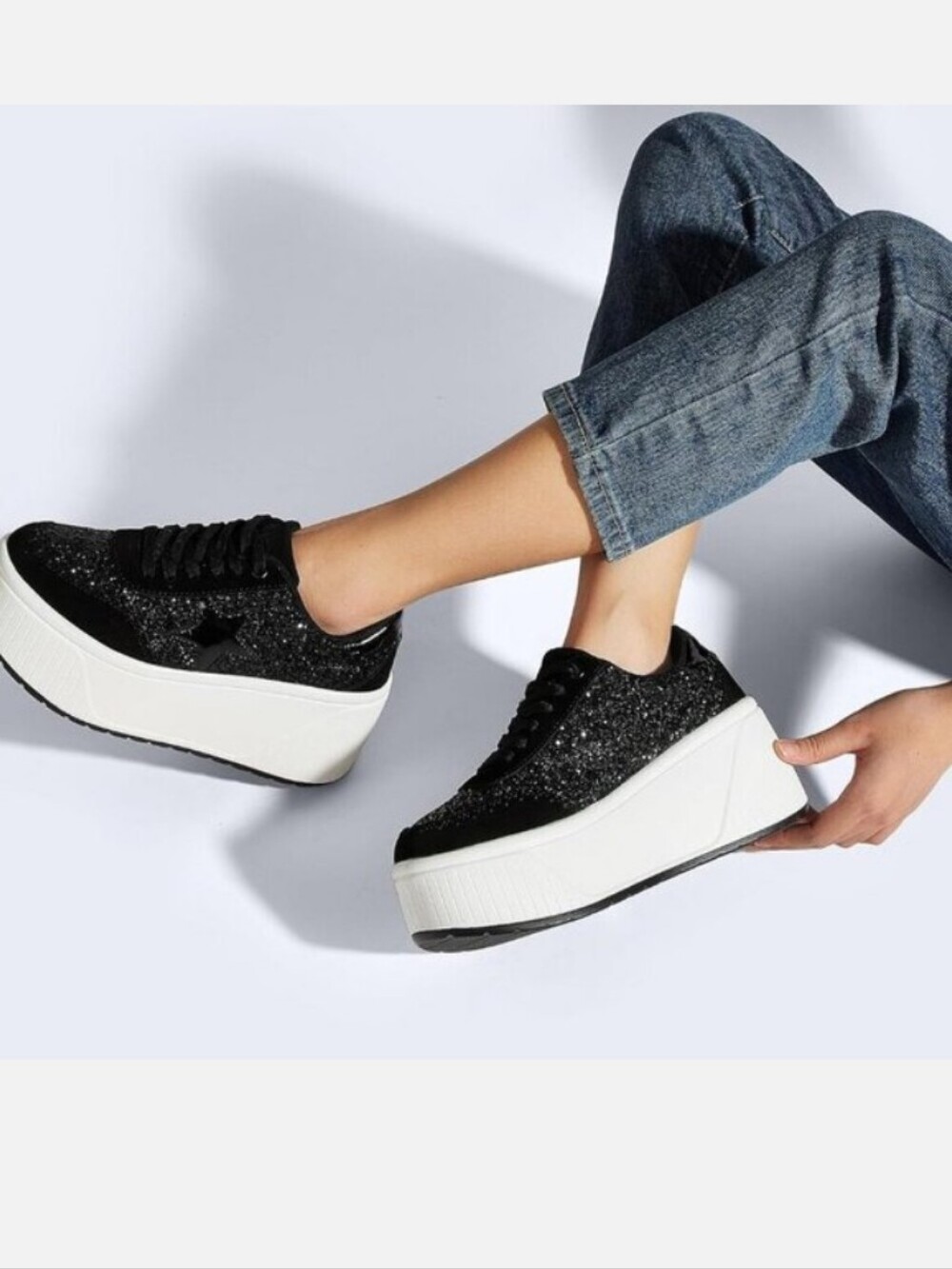 Lucky Step Black Glitter Platform Sneakers for Women - Picture 7 of 13